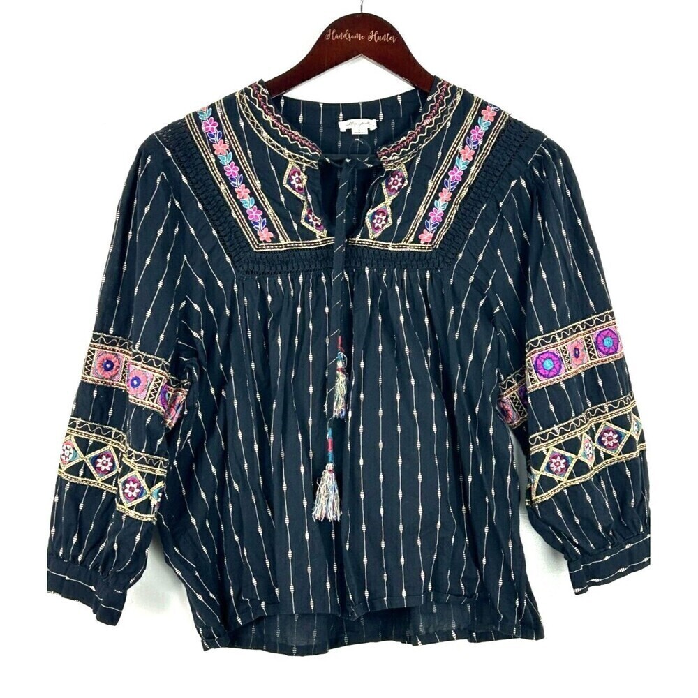 Ultra Pink Women L Top Black Gold Embroider Puff Sleeve Tassel Boho Festival N1 - Picture 3 of 12